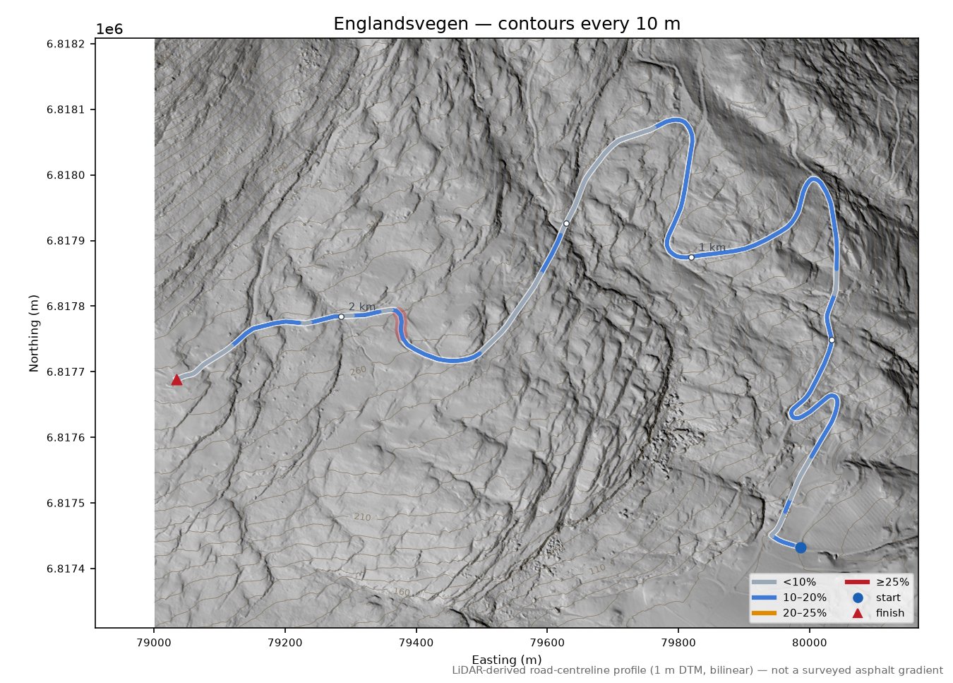 Englandsvegen LiDAR hillshade map with contours