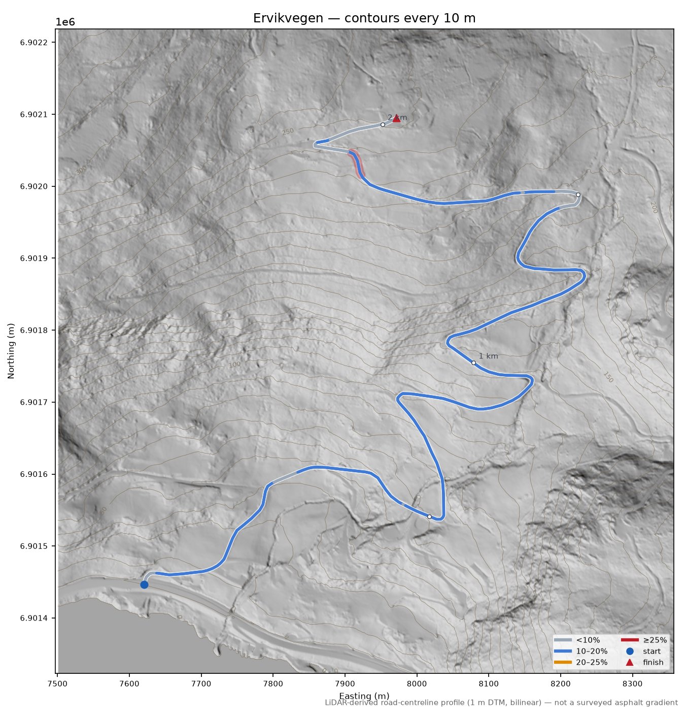 Ervikvegen LiDAR hillshade map with contours