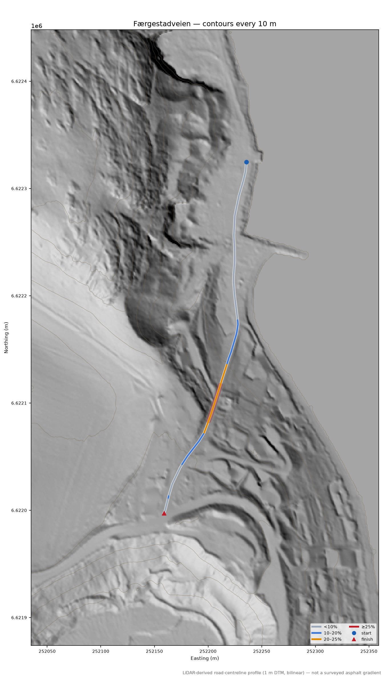 Færgestadveien LiDAR hillshade map with contours