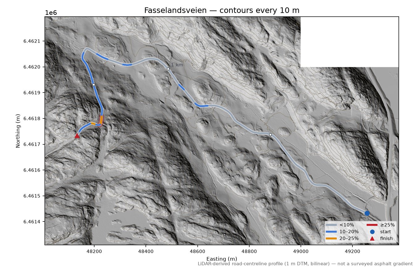 Fasselandsveien LiDAR hillshade map with contours