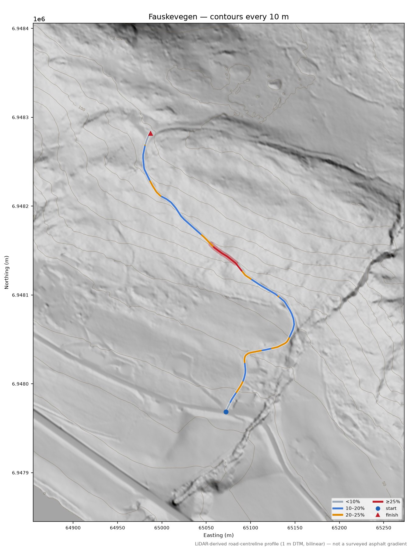 Fauskevegen LiDAR hillshade map with contours