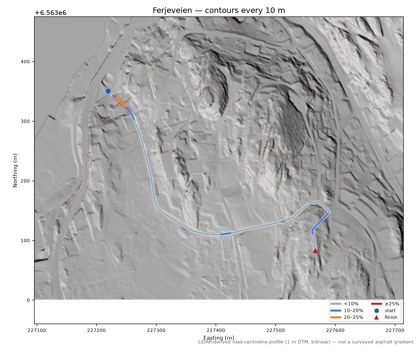 Ferjeveien LiDAR hillshade map with contours