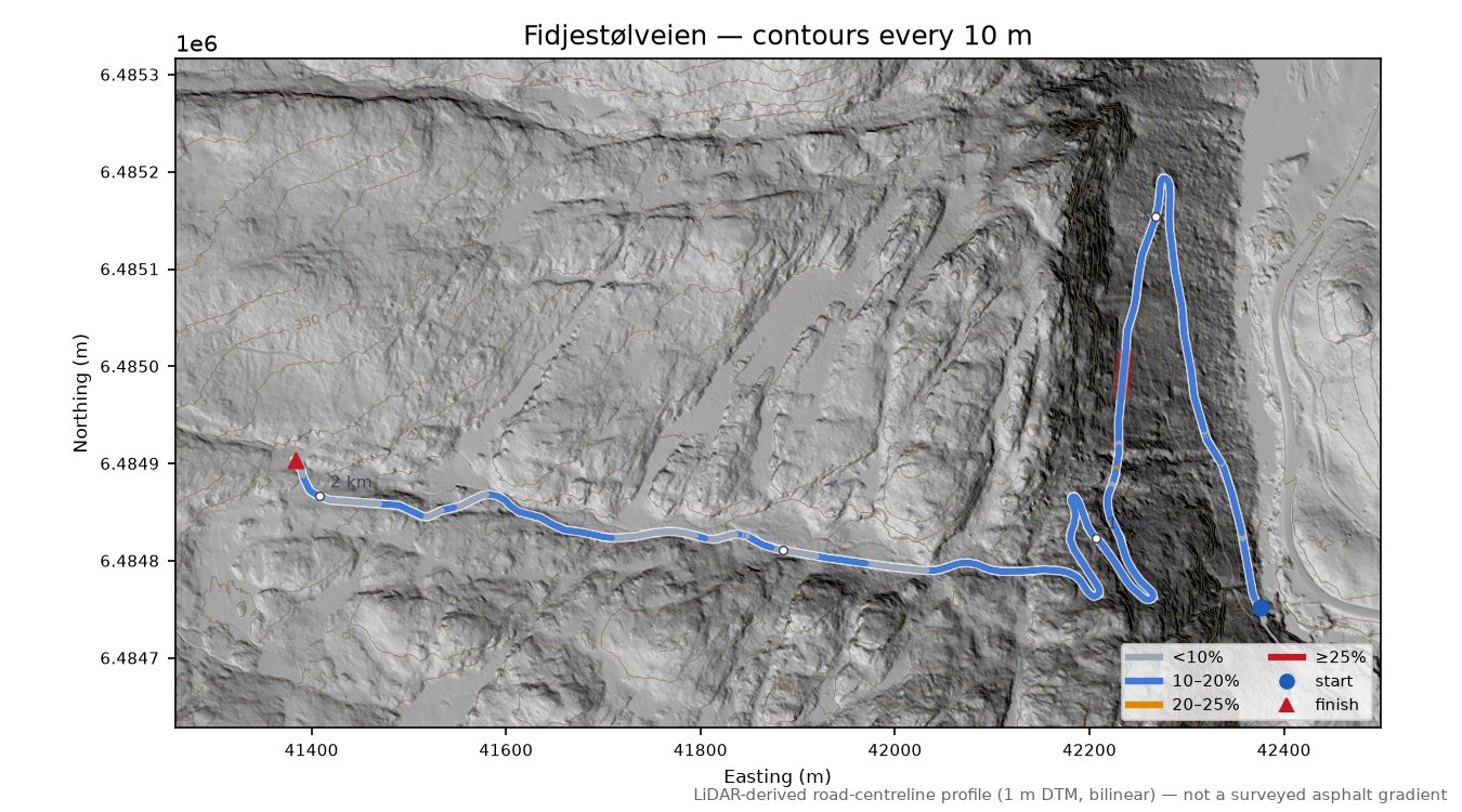 Fidjestølveien LiDAR hillshade map with contours