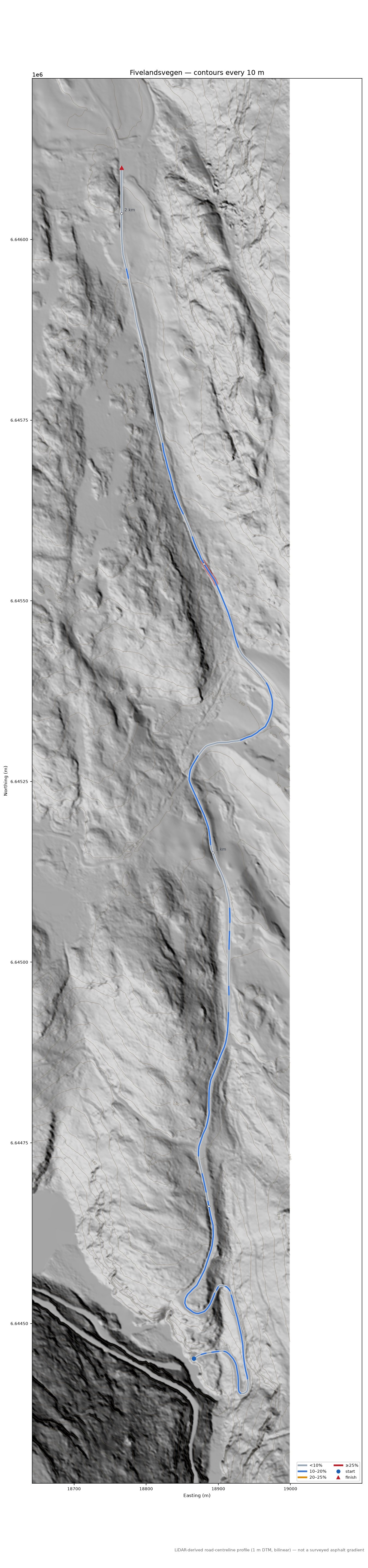 Fivelandsvegen LiDAR hillshade map with contours
