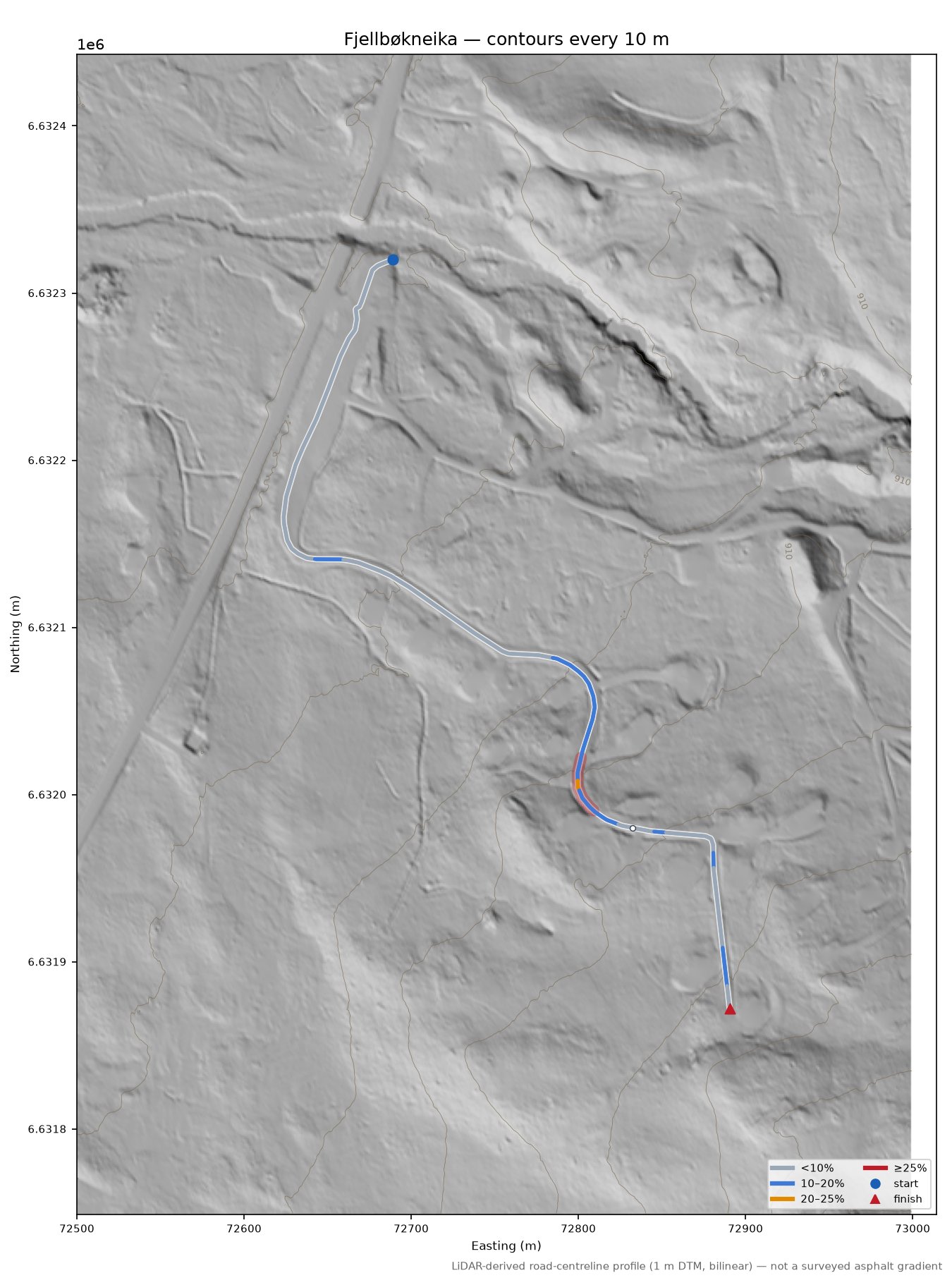 Fjellbøkneika LiDAR hillshade map with contours