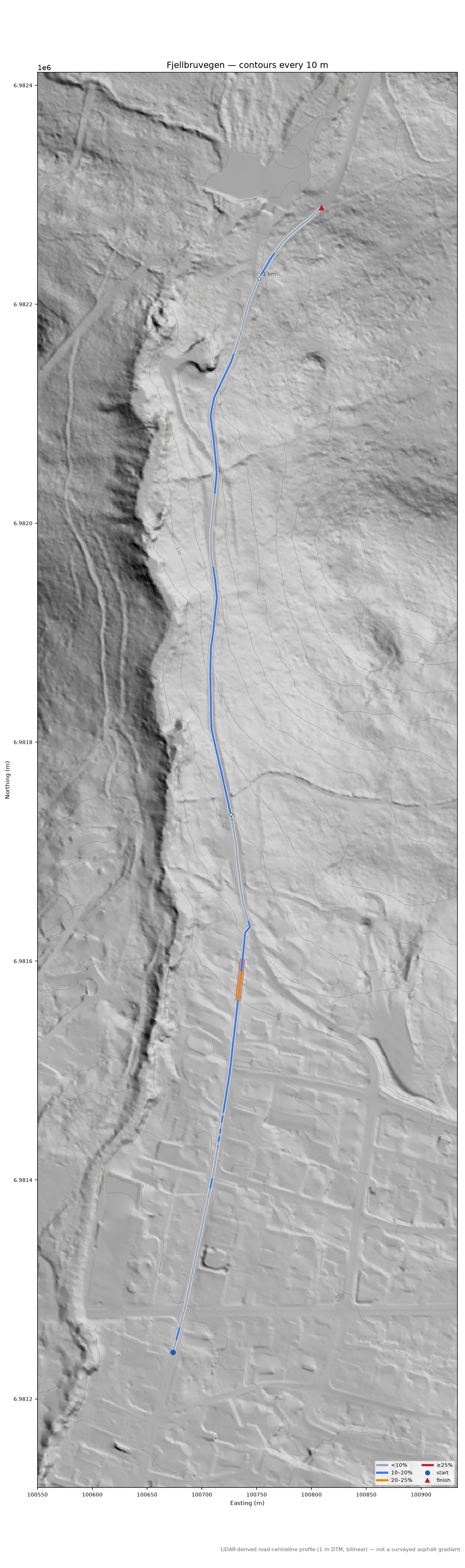 Fjellbruvegen LiDAR hillshade map with contours