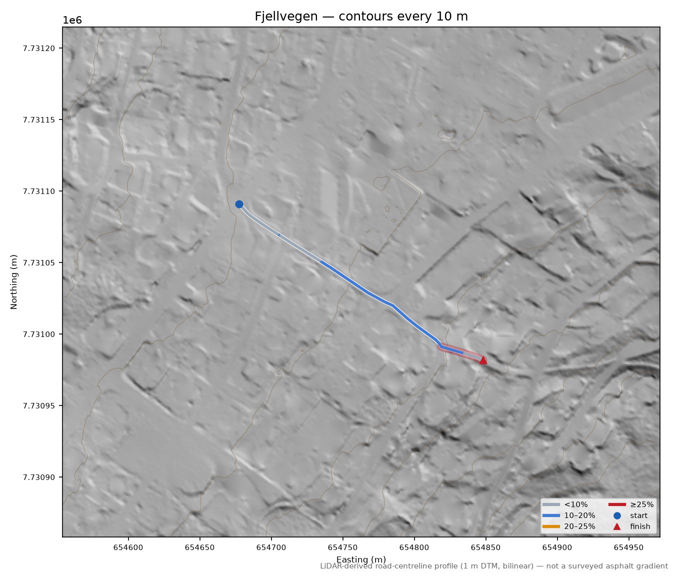 Fjellvegen LiDAR hillshade map with contours
