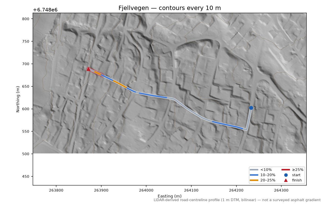 Fjellvegen LiDAR hillshade map with contours