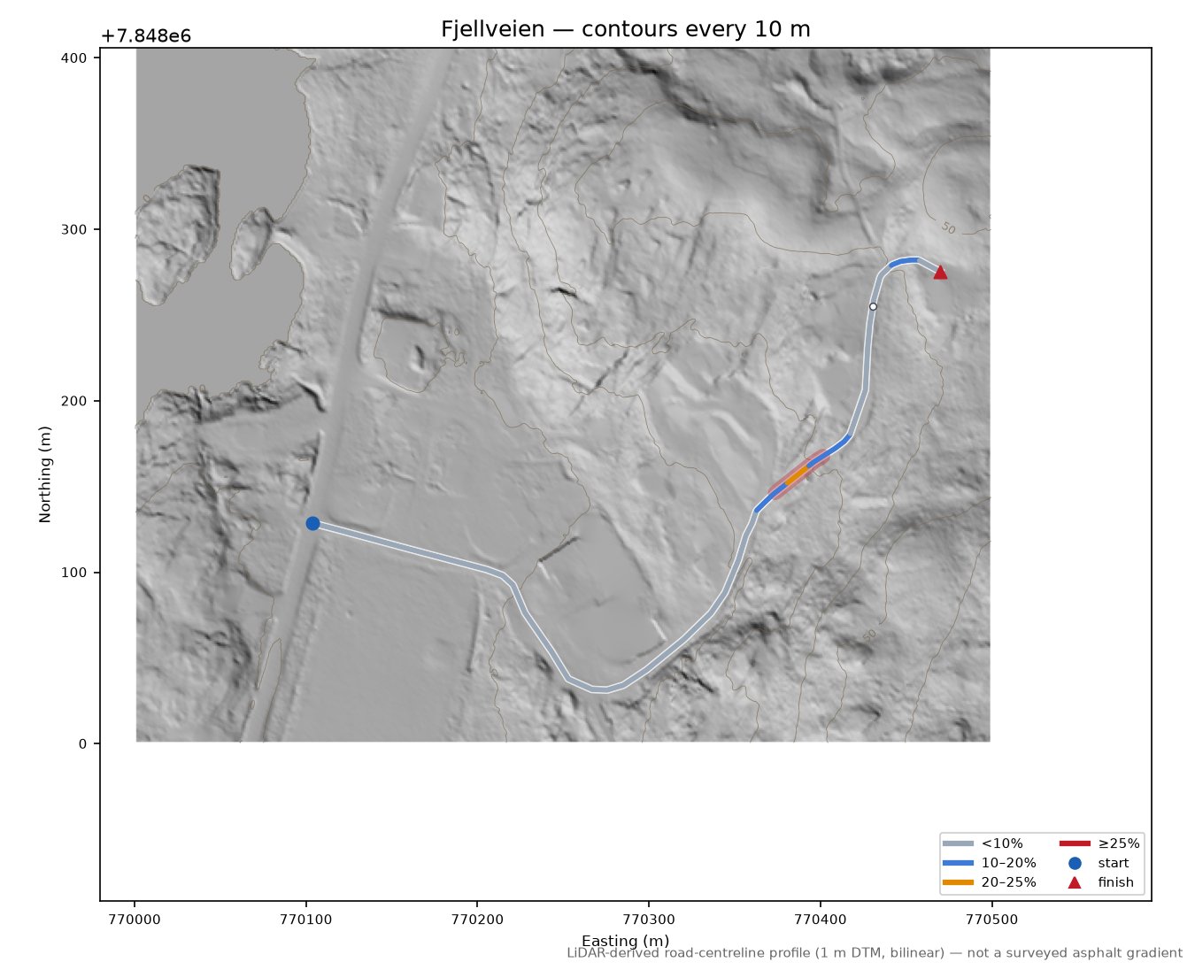 Fjellveien LiDAR hillshade map with contours