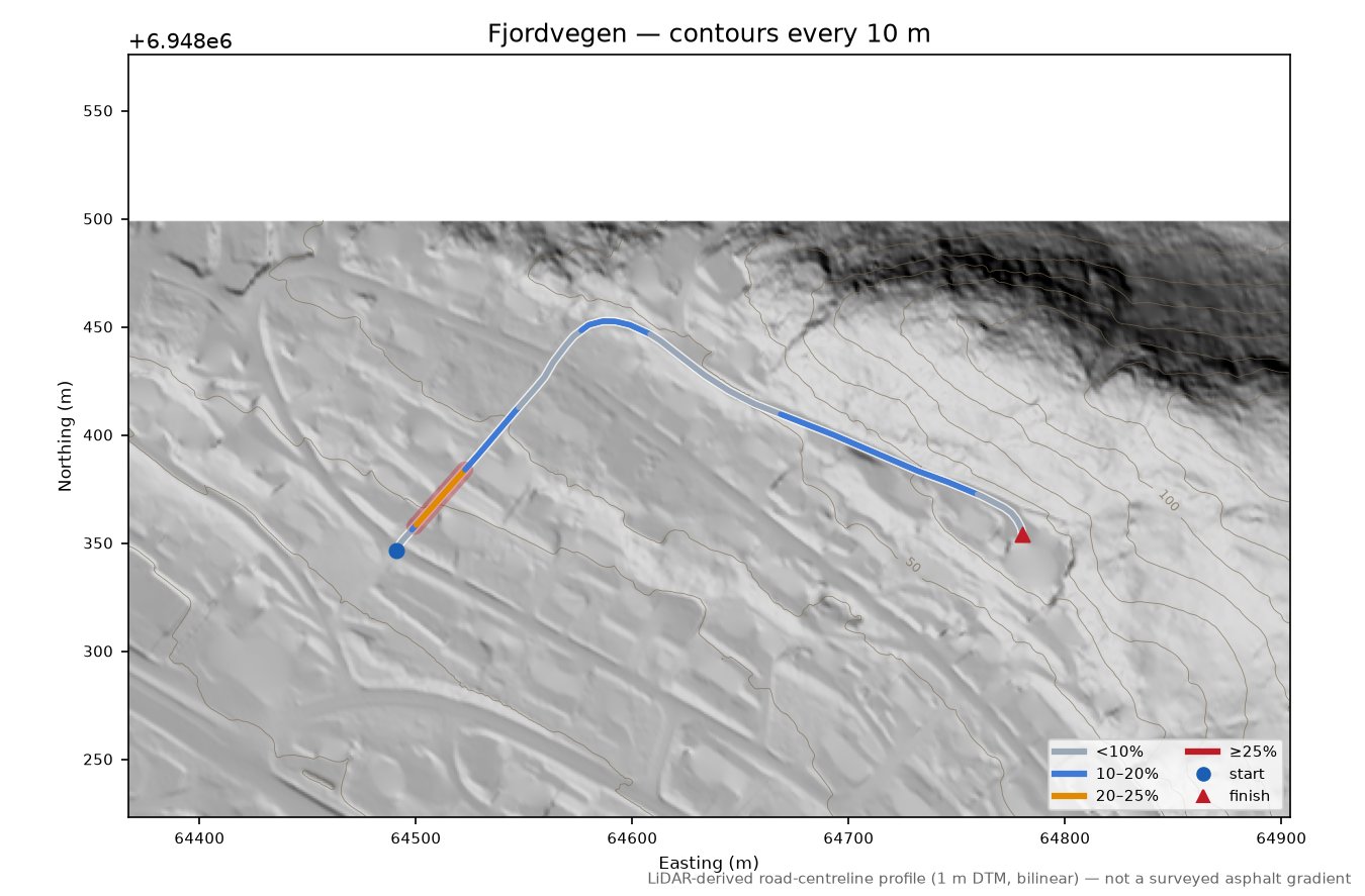 Fjordvegen LiDAR hillshade map with contours