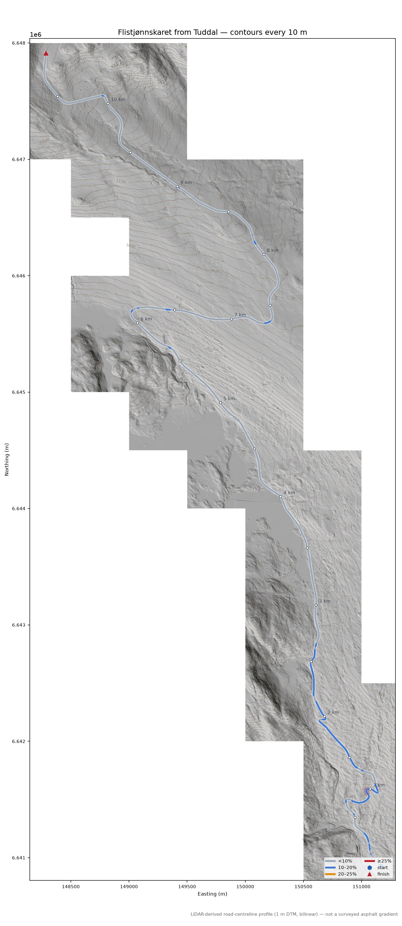 Flistjønnskaret from Tuddal LiDAR hillshade map with contours