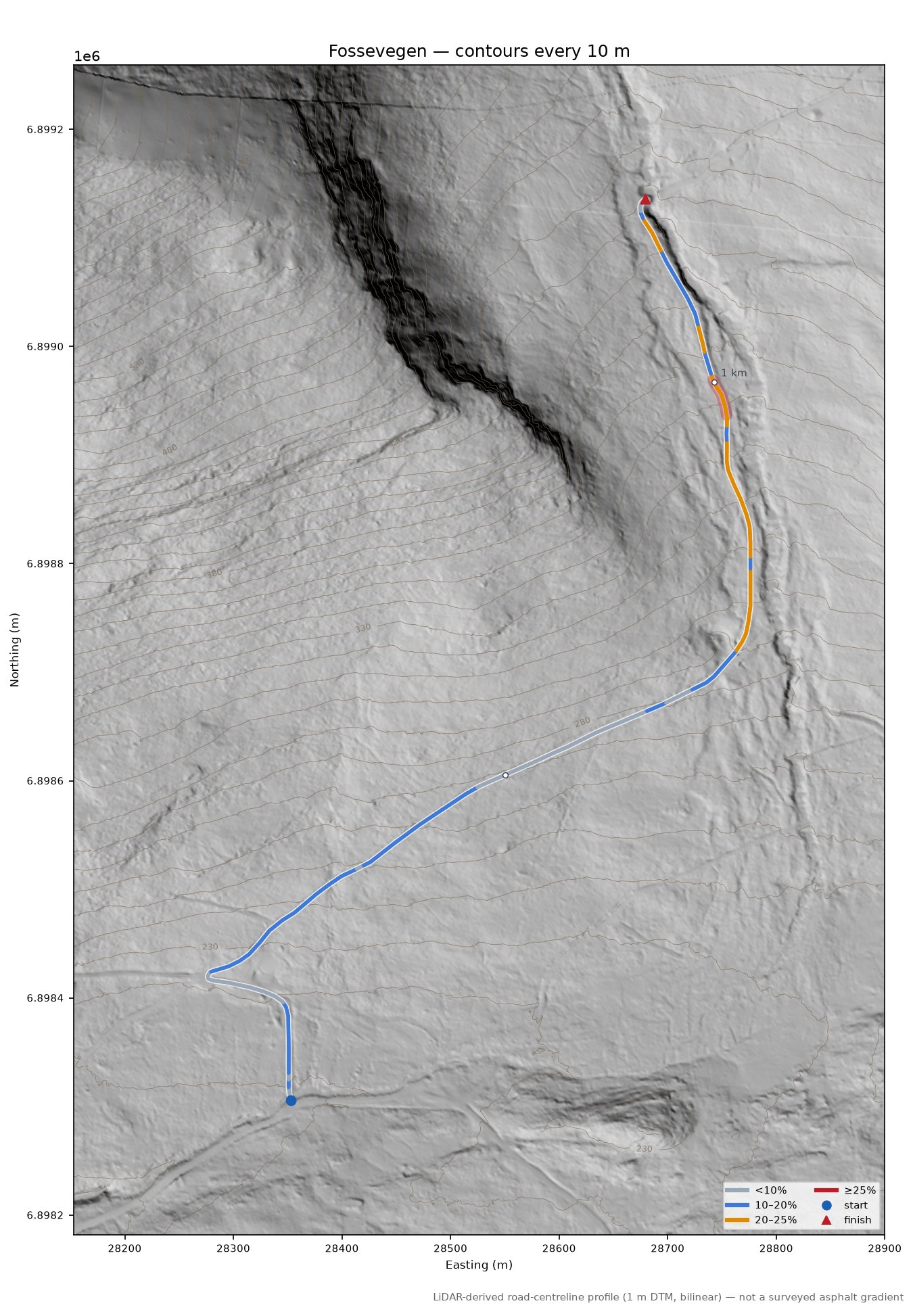 Fossevegen LiDAR hillshade map with contours