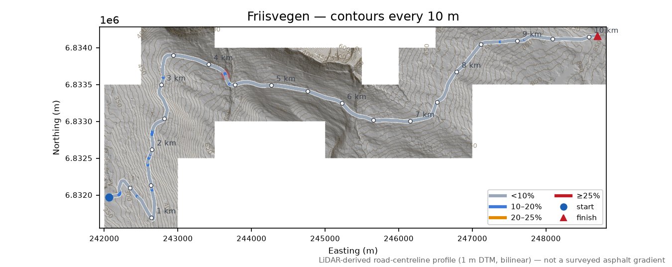 Friisvegen LiDAR hillshade map with contours