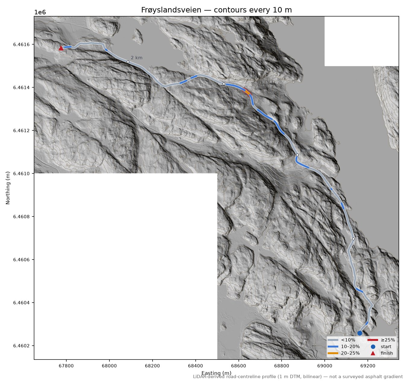 Frøyslandsveien LiDAR hillshade map with contours