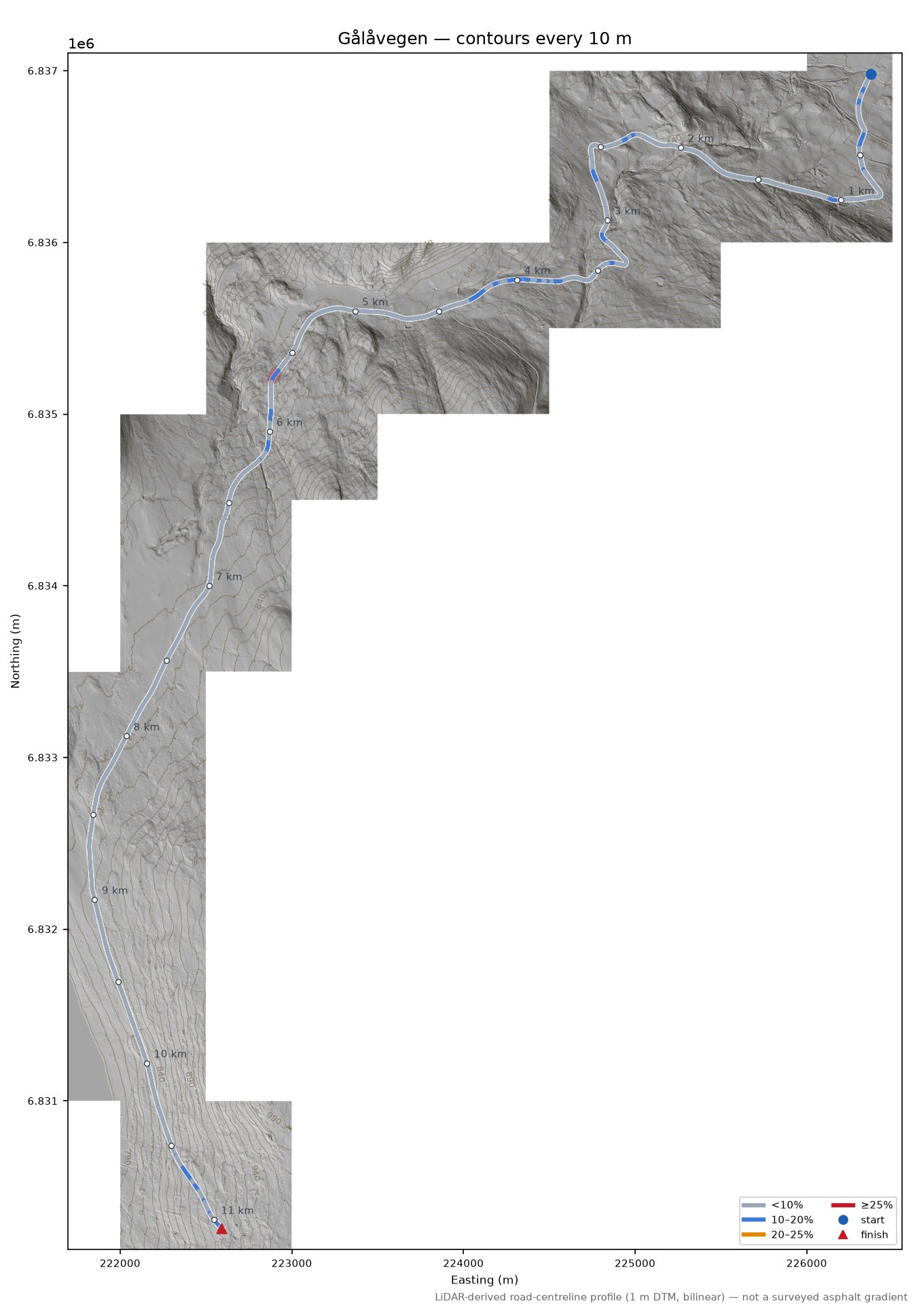 Gålåvegen LiDAR hillshade map with contours