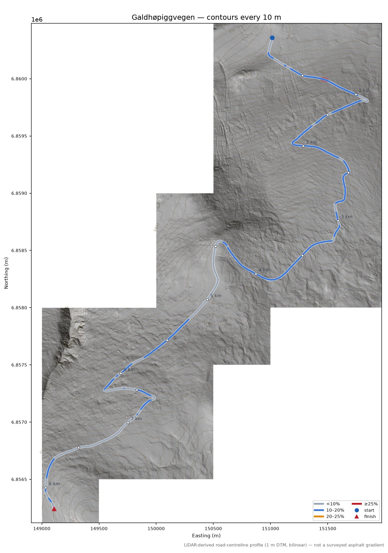 Galdhøpiggvegen LiDAR hillshade map with contours
