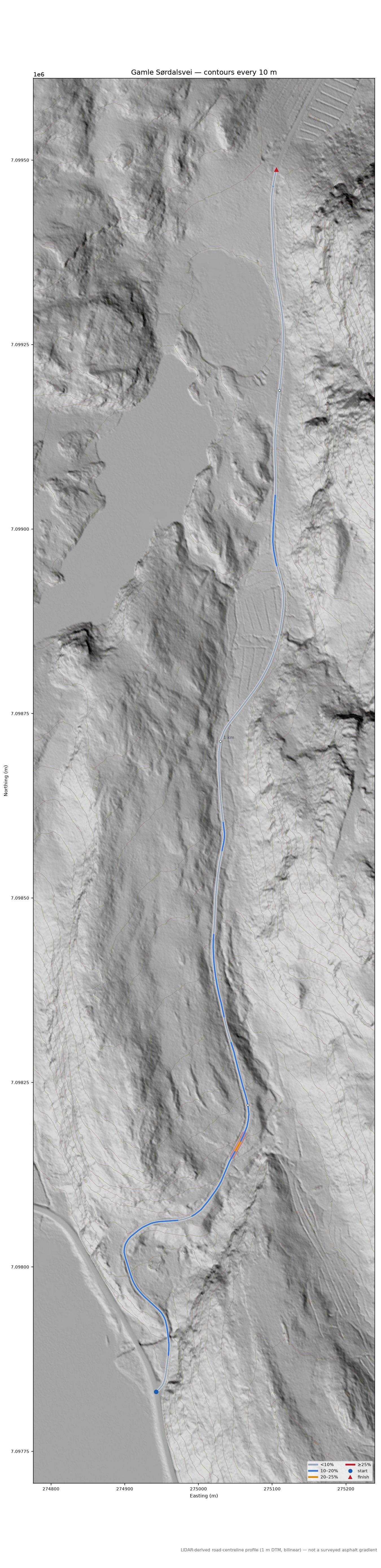 Gamle Sørdalsvei LiDAR hillshade map with contours