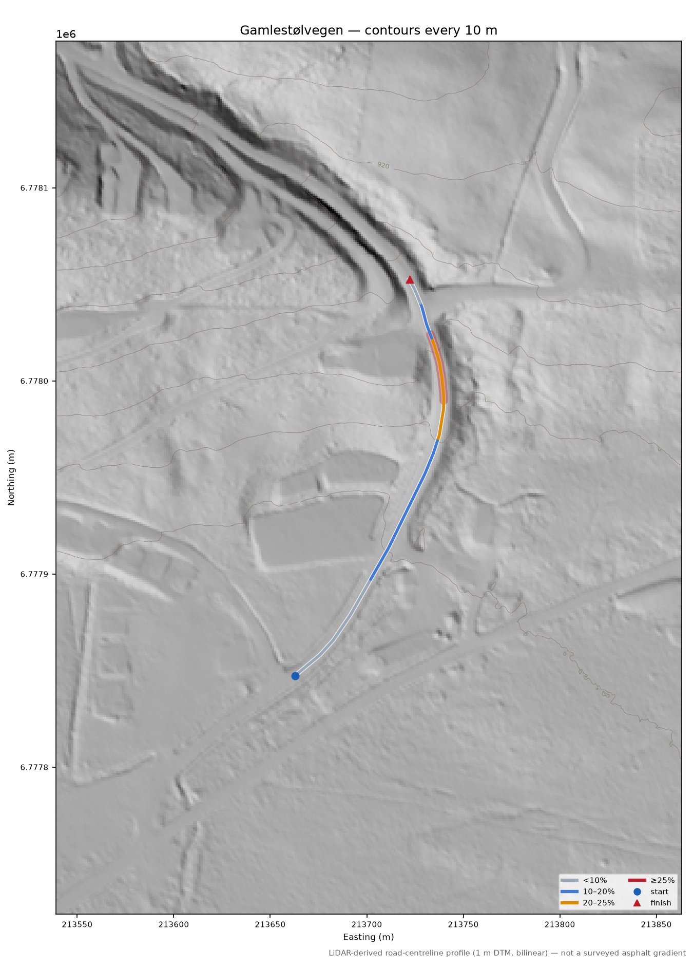 Gamlestølvegen LiDAR hillshade map with contours
