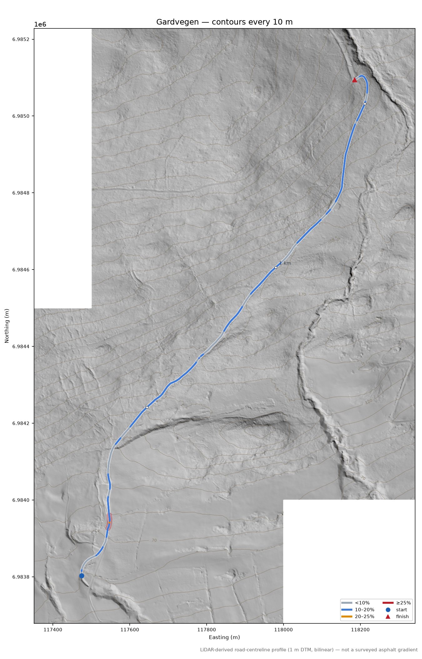 Gardvegen LiDAR hillshade map with contours