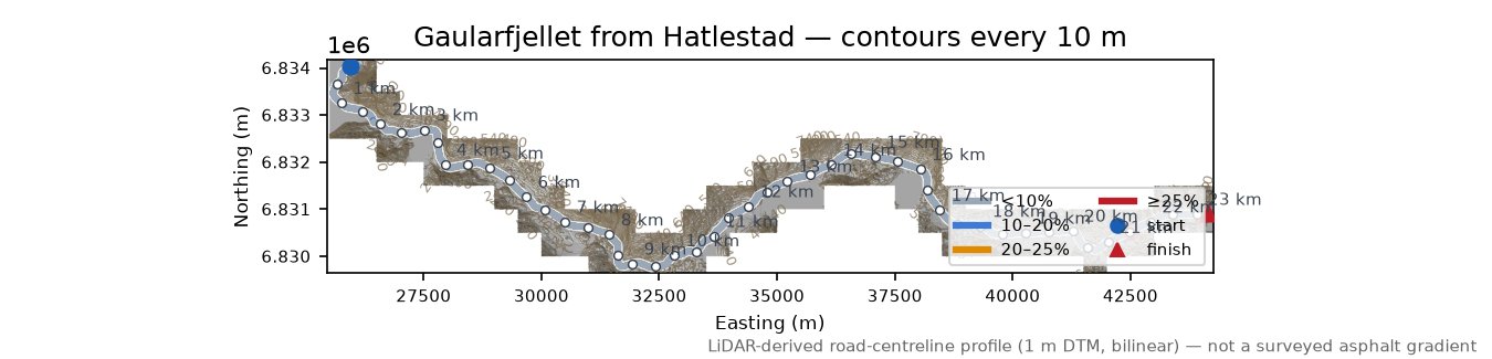 Gaularfjellet from Hatlestad LiDAR hillshade map with contours
