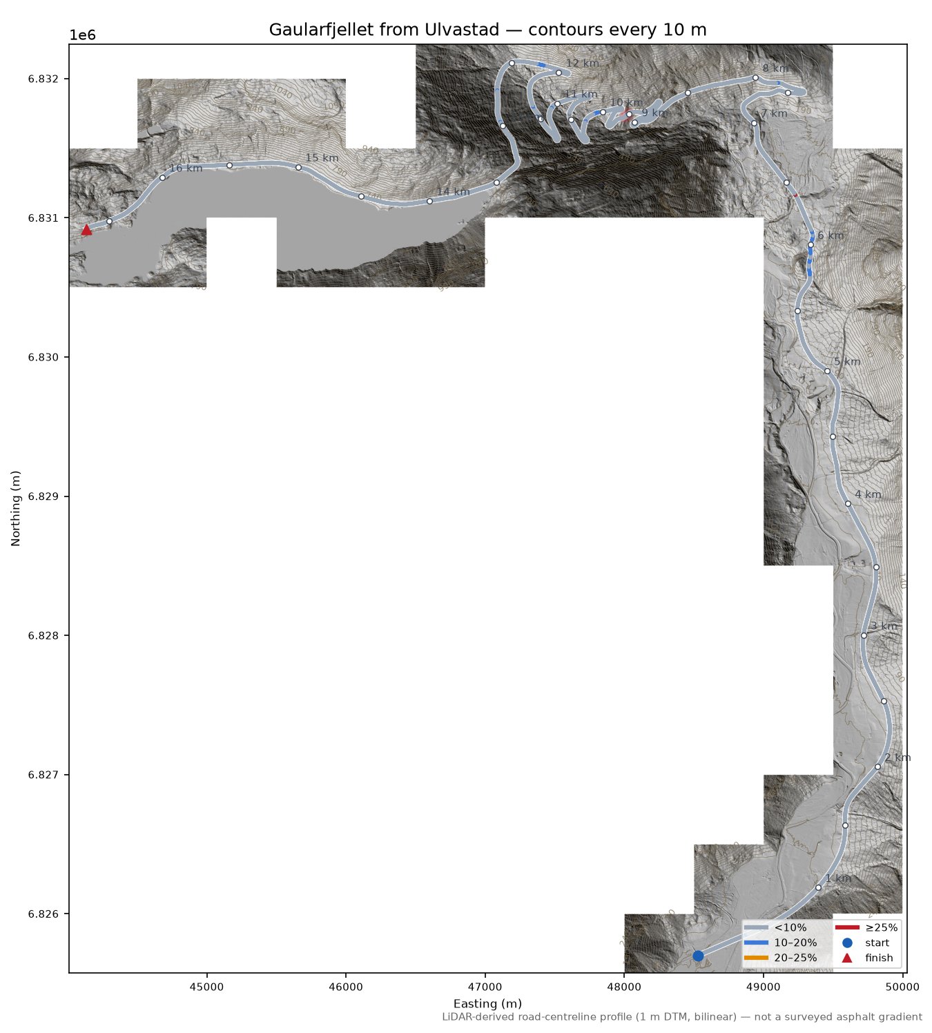 Gaularfjellet from Ulvastad LiDAR hillshade map with contours