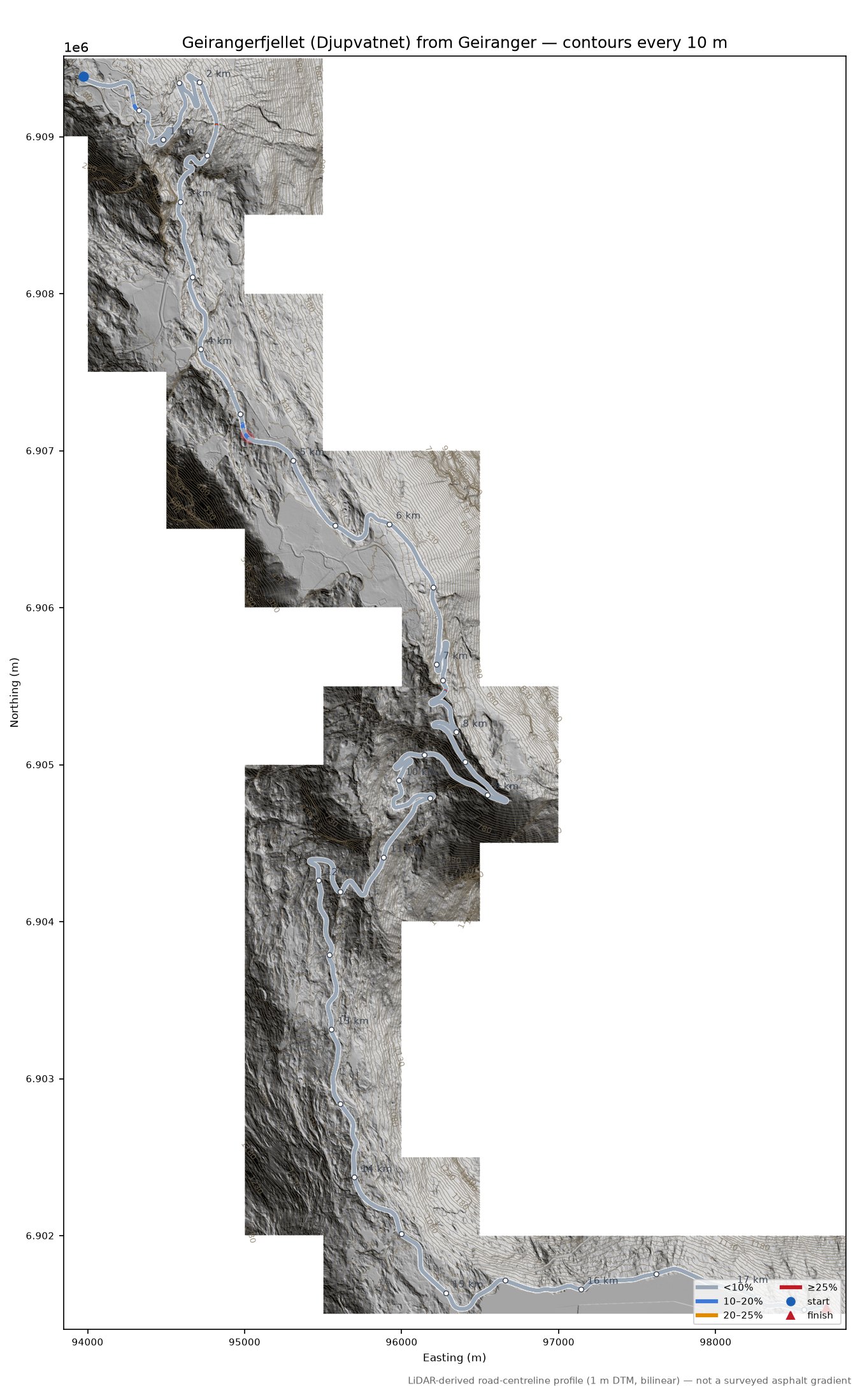 Geirangerfjellet (Djupvatnet) from Geiranger LiDAR hillshade map with contours