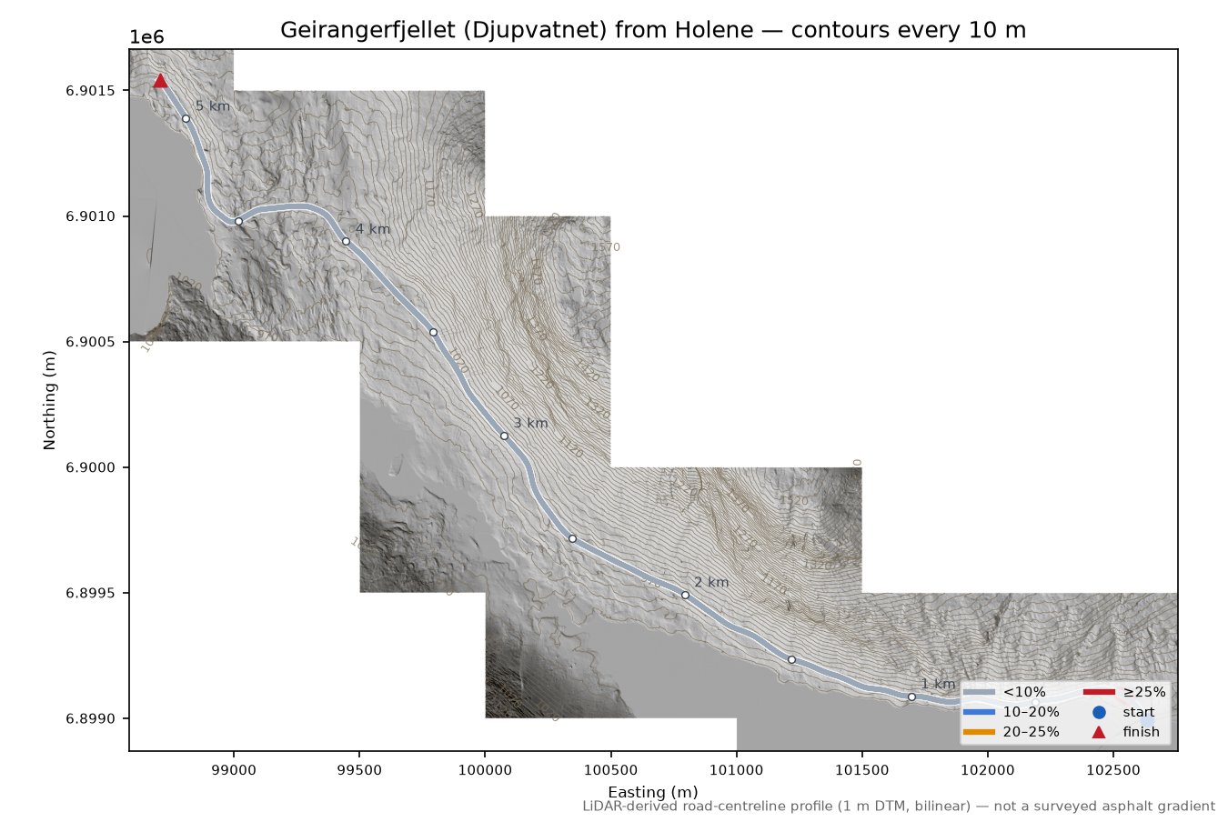 Geirangerfjellet (Djupvatnet) from Holene LiDAR hillshade map with contours