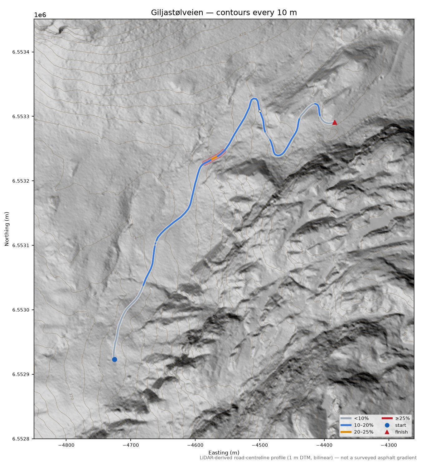 Giljastølveien LiDAR hillshade map with contours