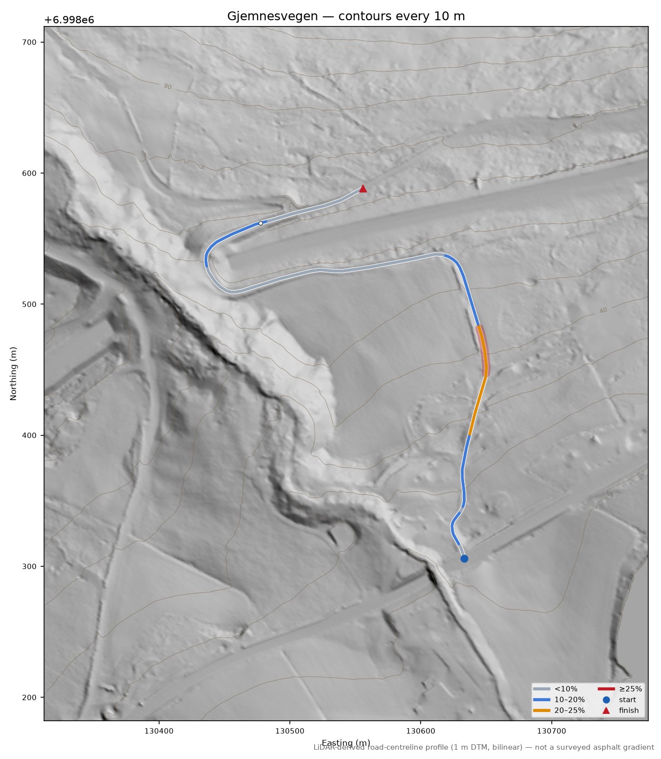 Gjemnesvegen LiDAR hillshade map with contours