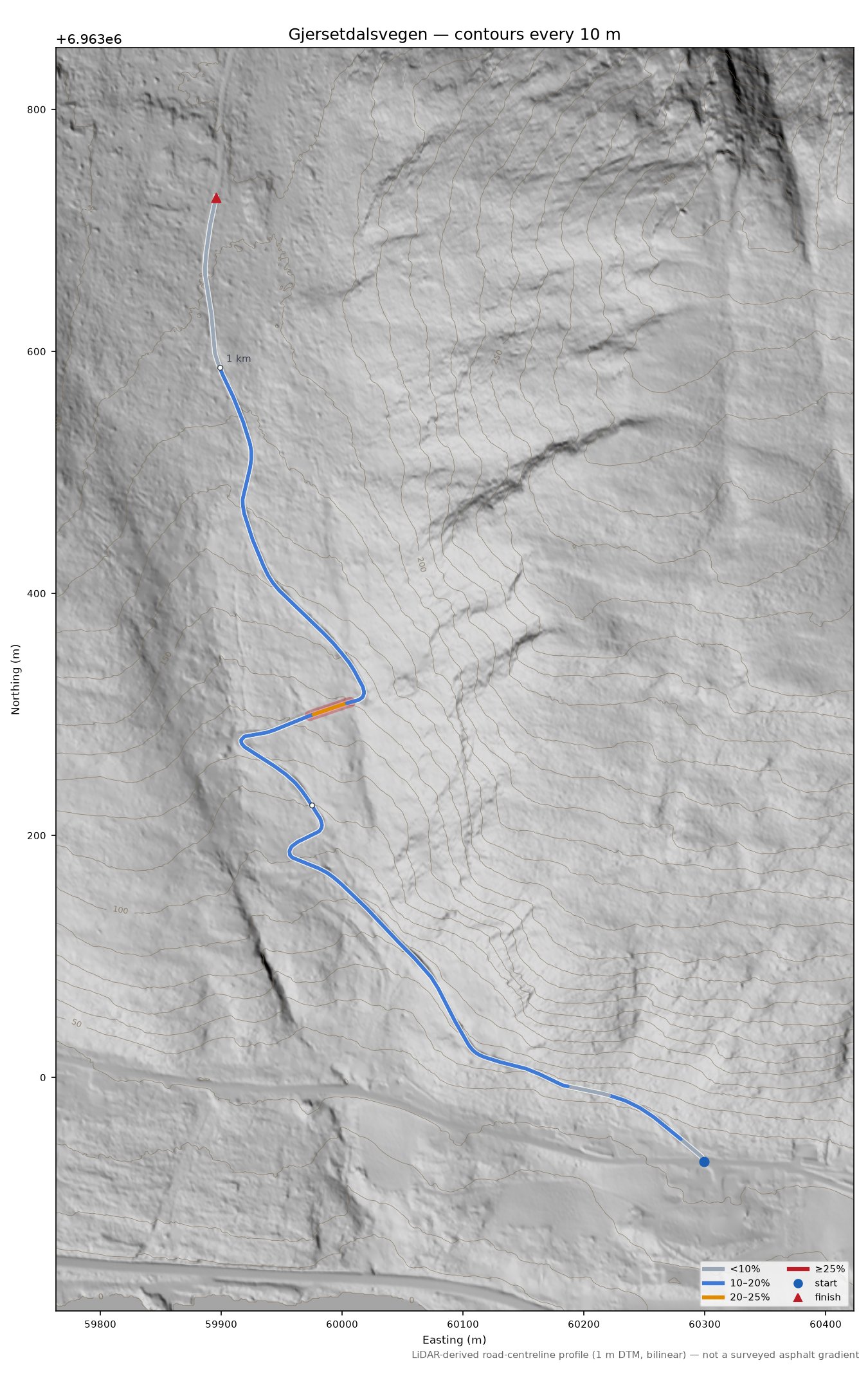 Gjersetdalsvegen LiDAR hillshade map with contours