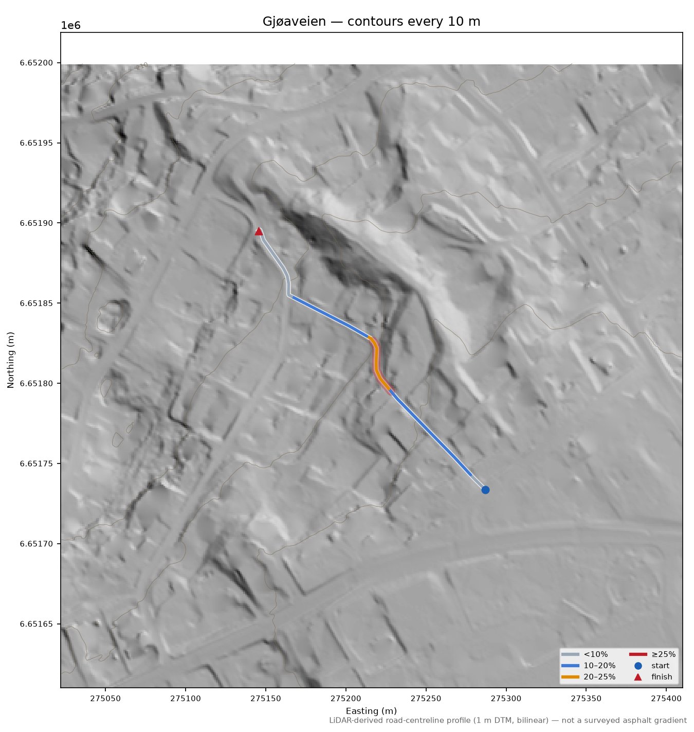 Gjøaveien LiDAR hillshade map with contours