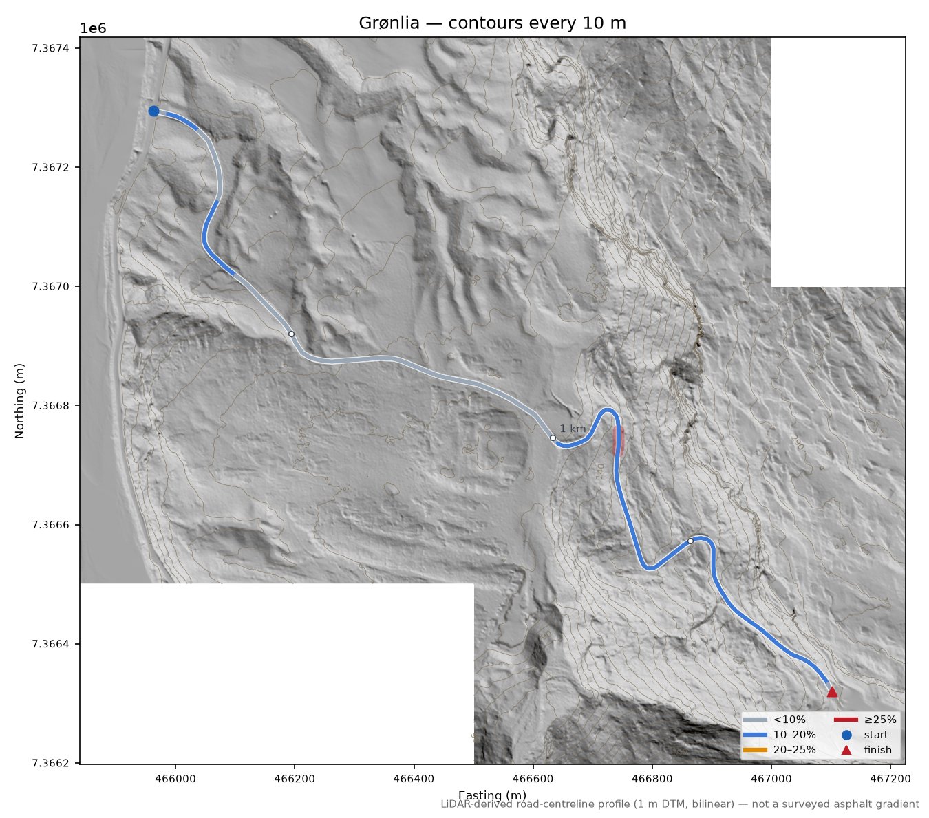 Grønlia LiDAR hillshade map with contours