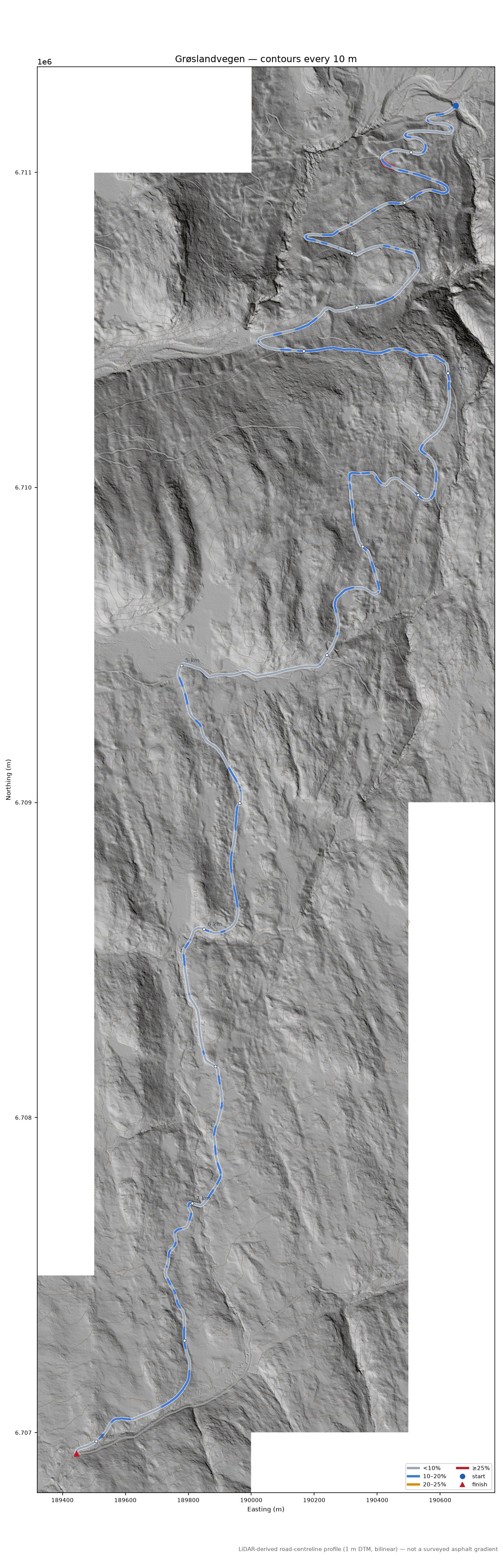 Grøslandvegen LiDAR hillshade map with contours