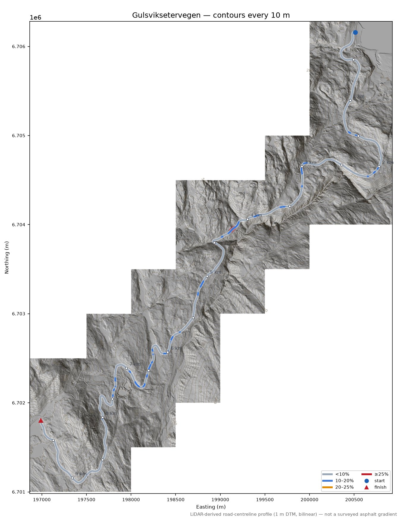 Gulsviksetervegen LiDAR hillshade map with contours
