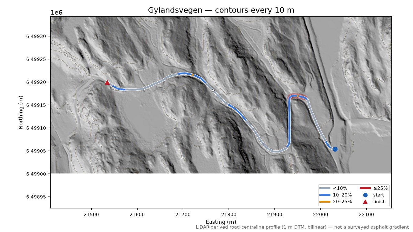 Gylandsvegen LiDAR hillshade map with contours