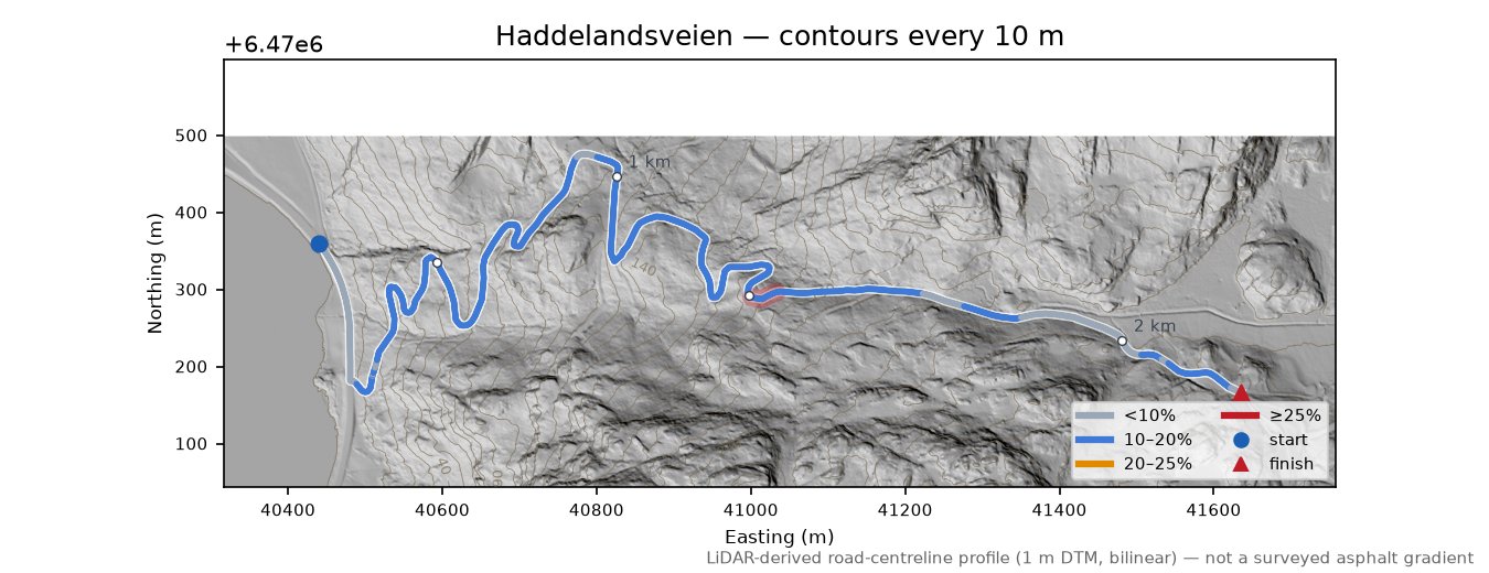 Haddelandsveien LiDAR hillshade map with contours