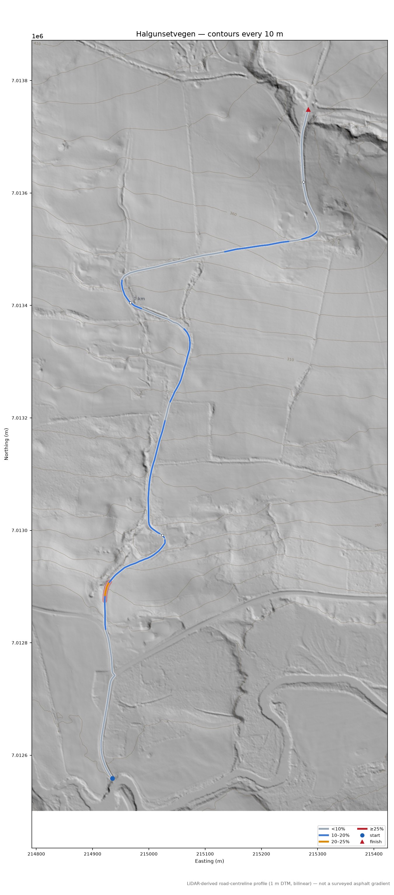Halgunsetvegen LiDAR hillshade map with contours