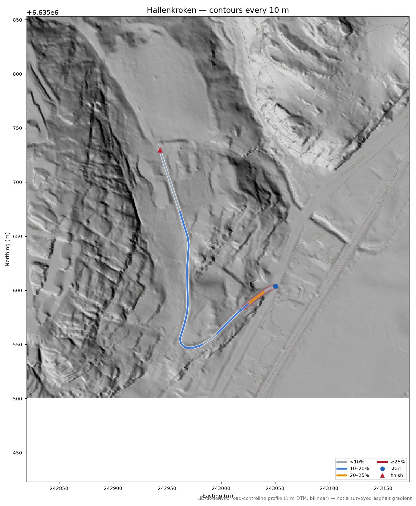 Hallenkroken LiDAR hillshade map with contours