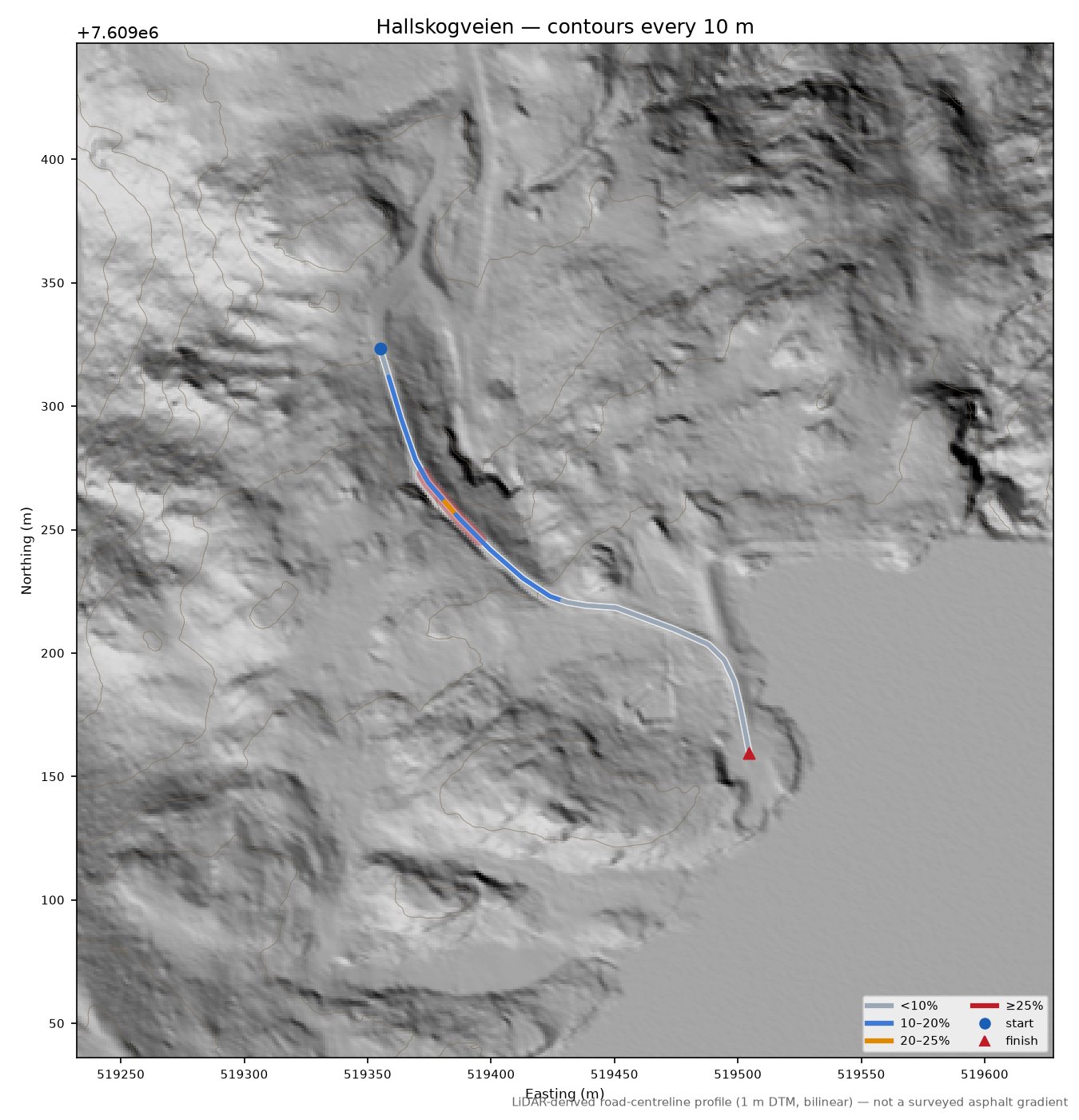Hallskogveien LiDAR hillshade map with contours