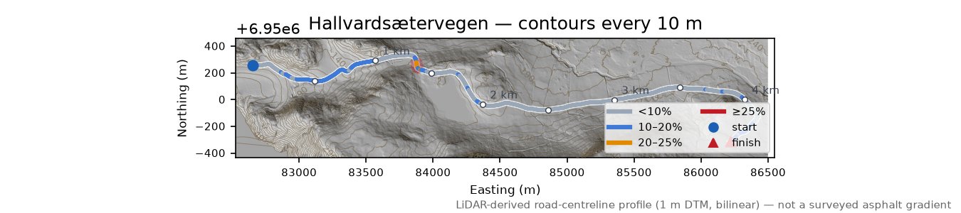 Hallvardsætervegen LiDAR hillshade map with contours