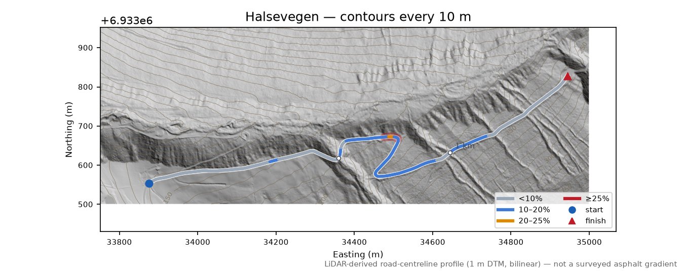 Halsevegen LiDAR hillshade map with contours