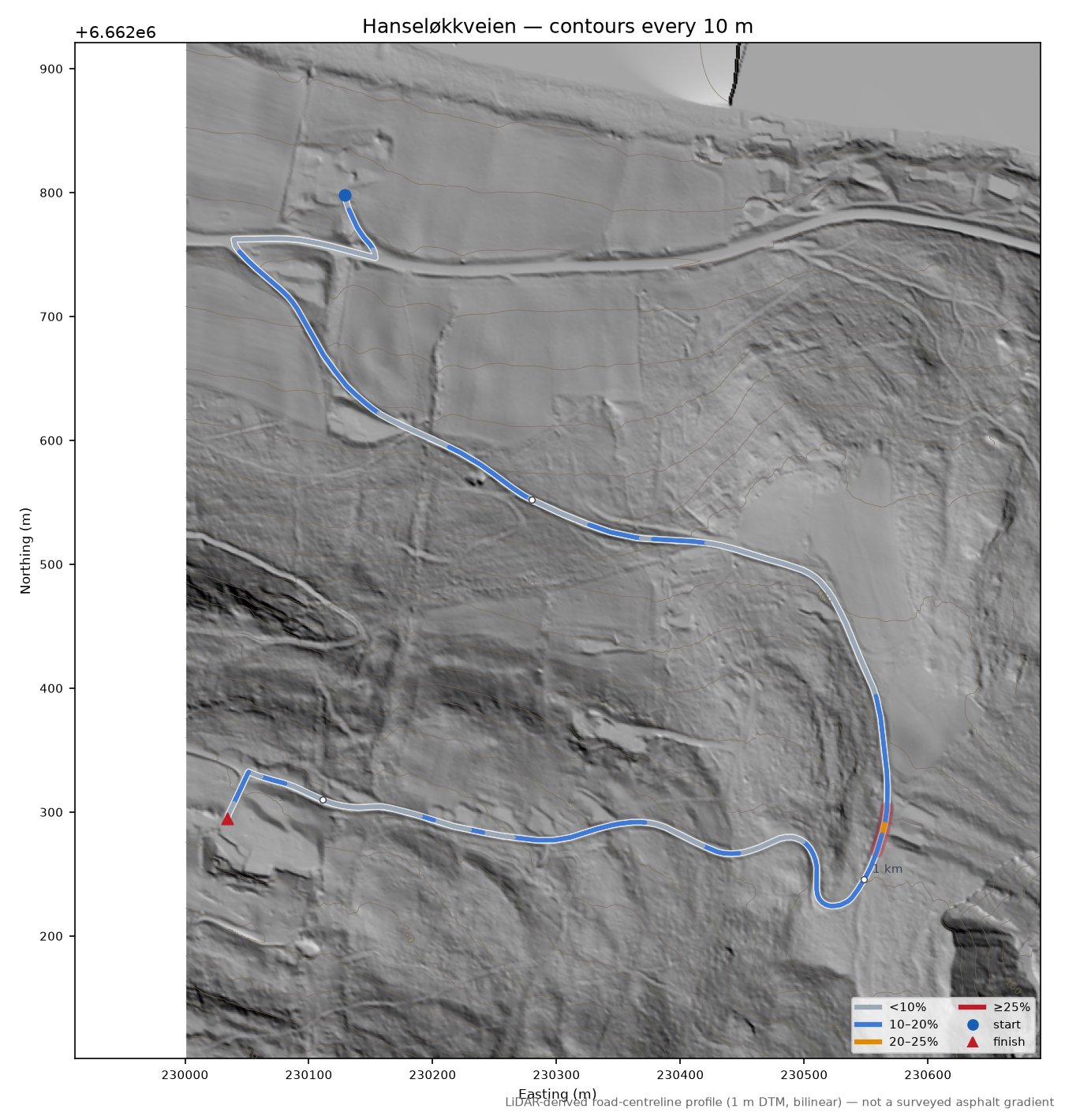 Hanseløkkveien LiDAR hillshade map with contours