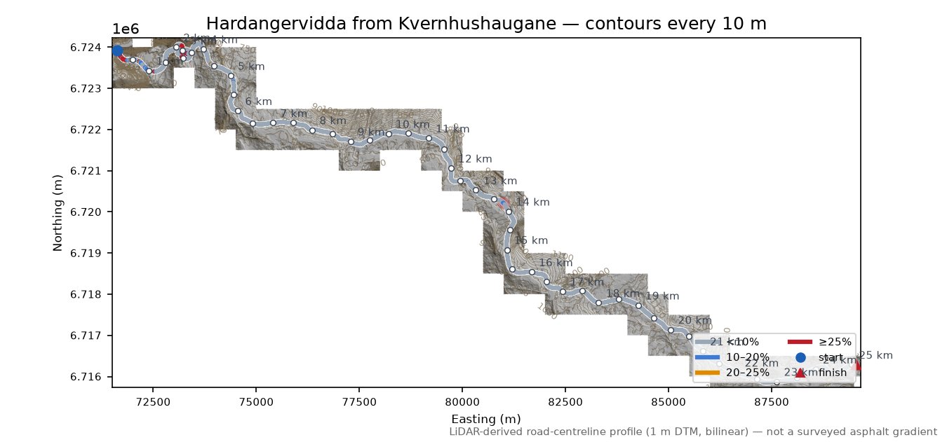 Hardangervidda from Kvernhushaugane LiDAR hillshade map with contours