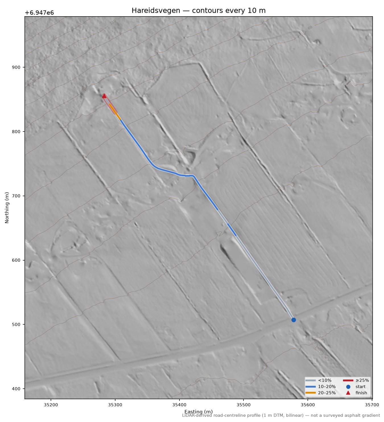 Hareidsvegen LiDAR hillshade map with contours
