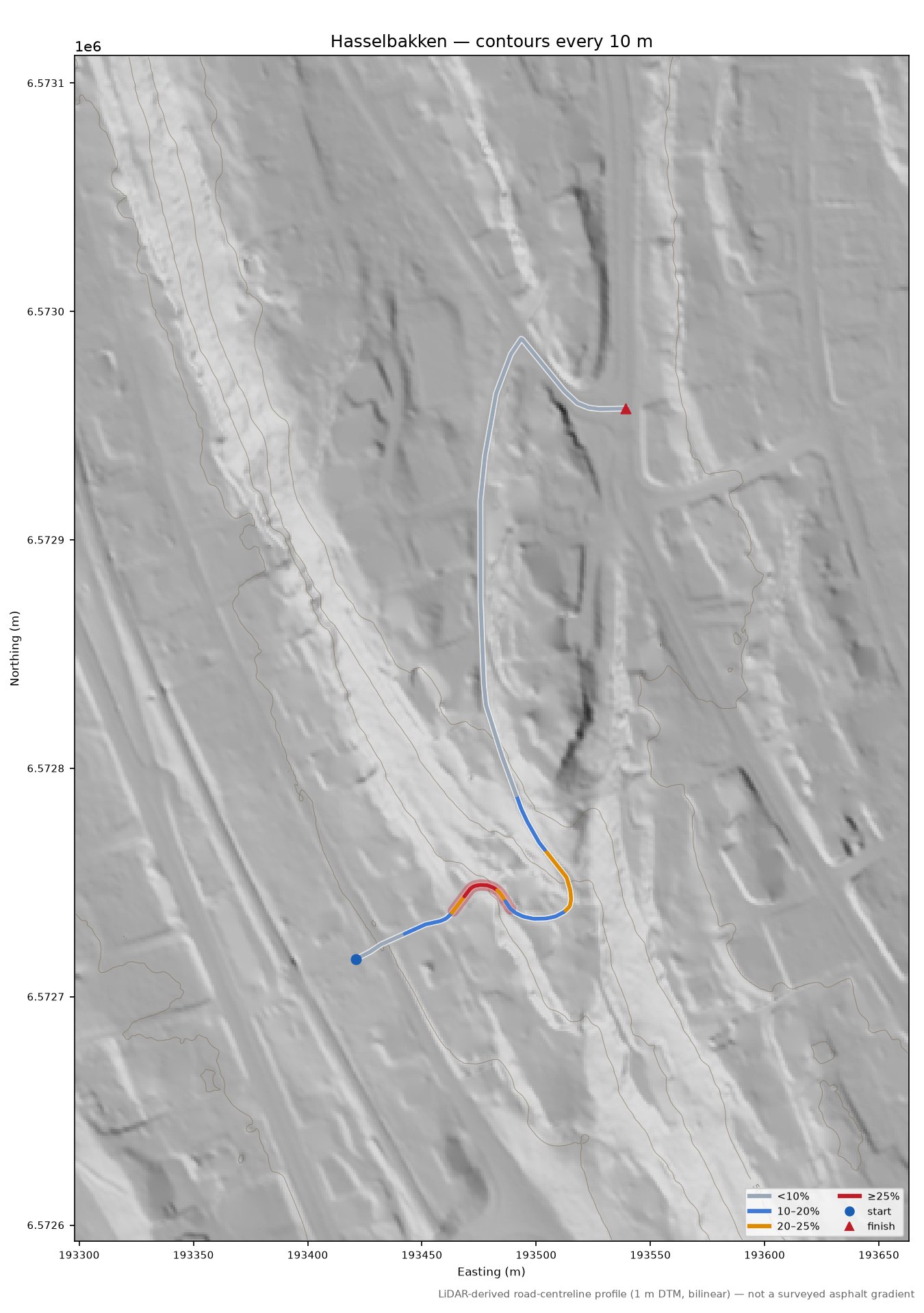Hasselbakken LiDAR hillshade map with contours