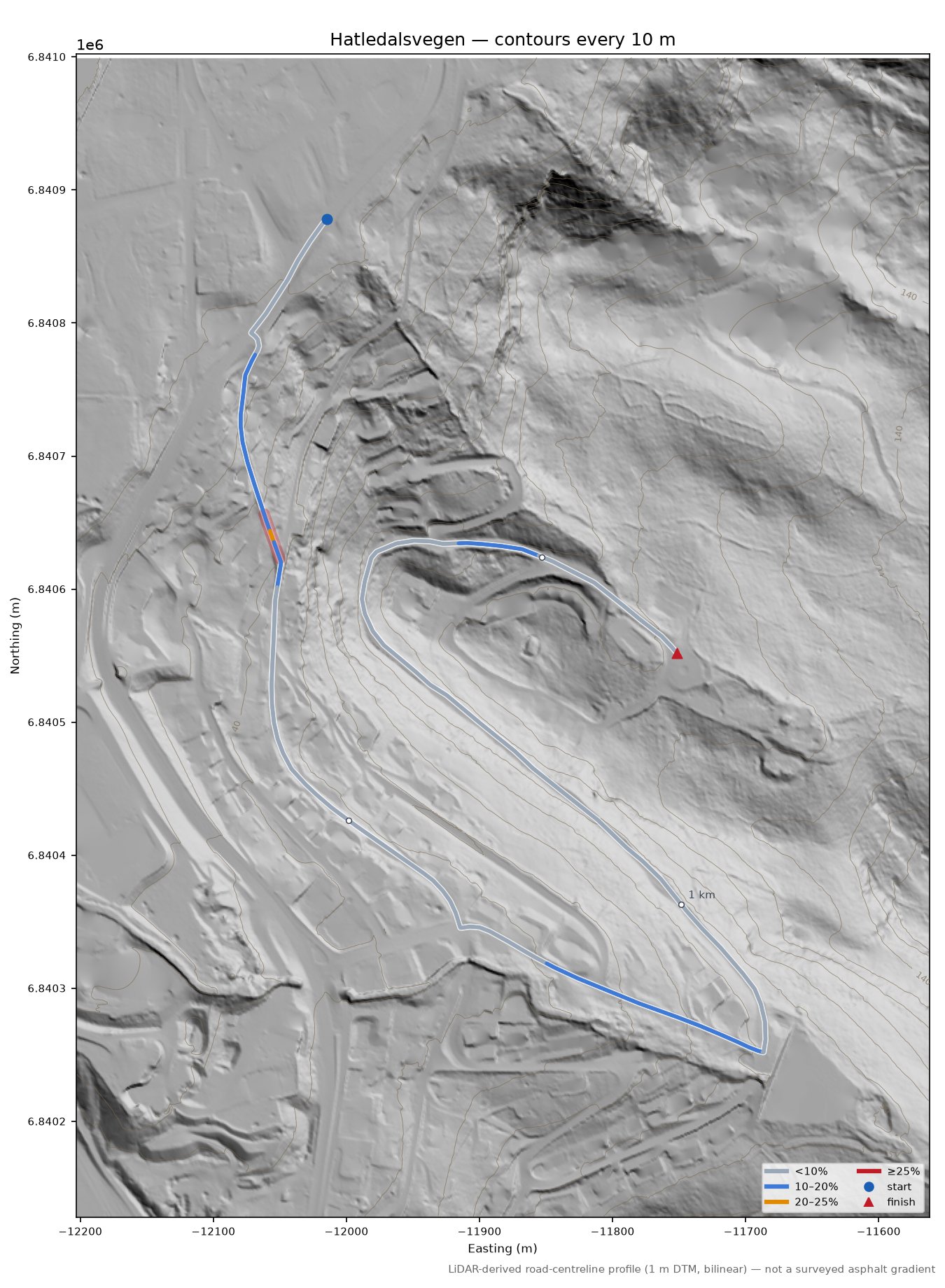 Hatledalsvegen LiDAR hillshade map with contours