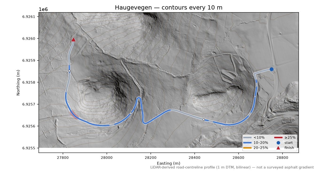 Haugevegen LiDAR hillshade map with contours
