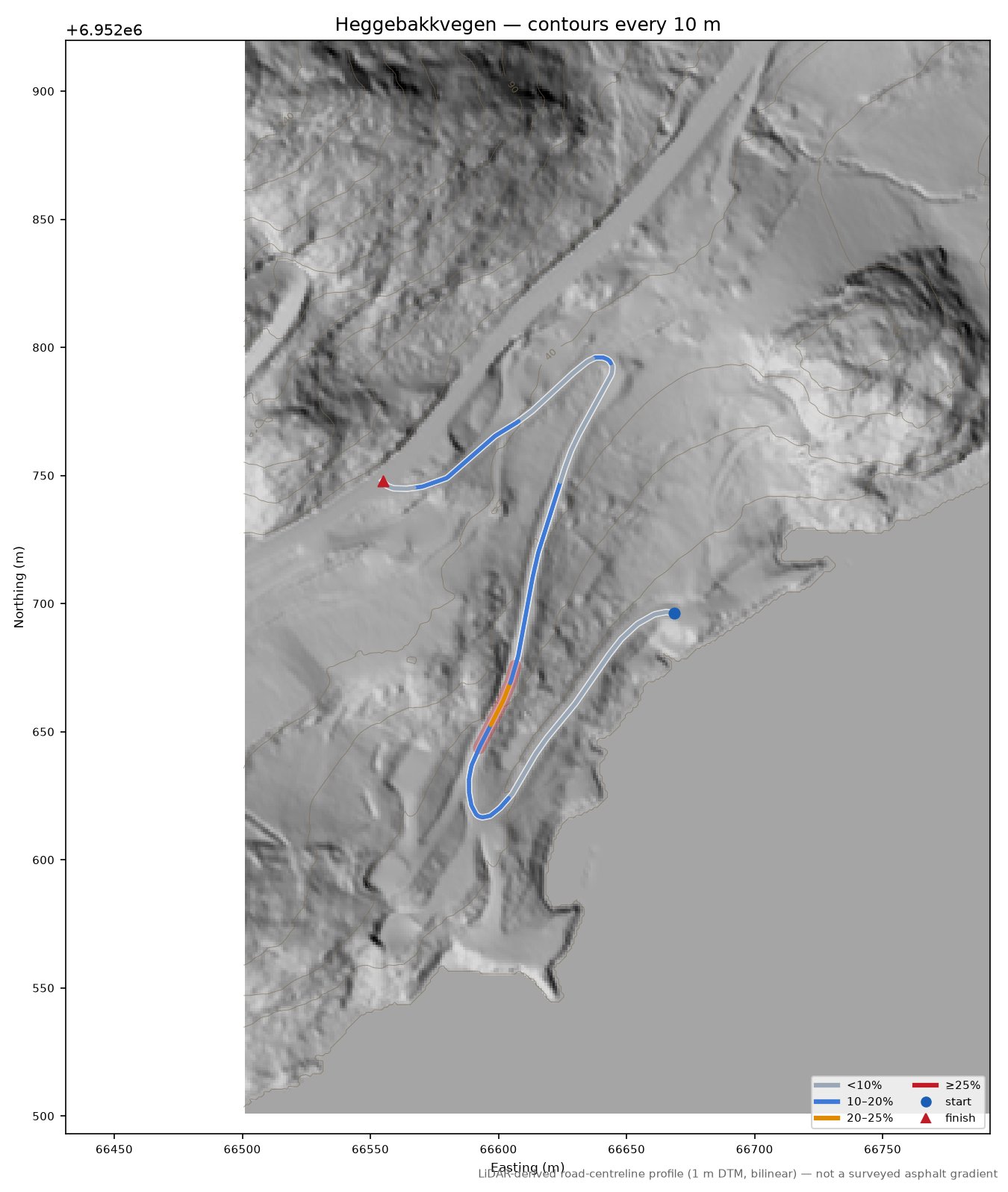 Heggebakkvegen LiDAR hillshade map with contours