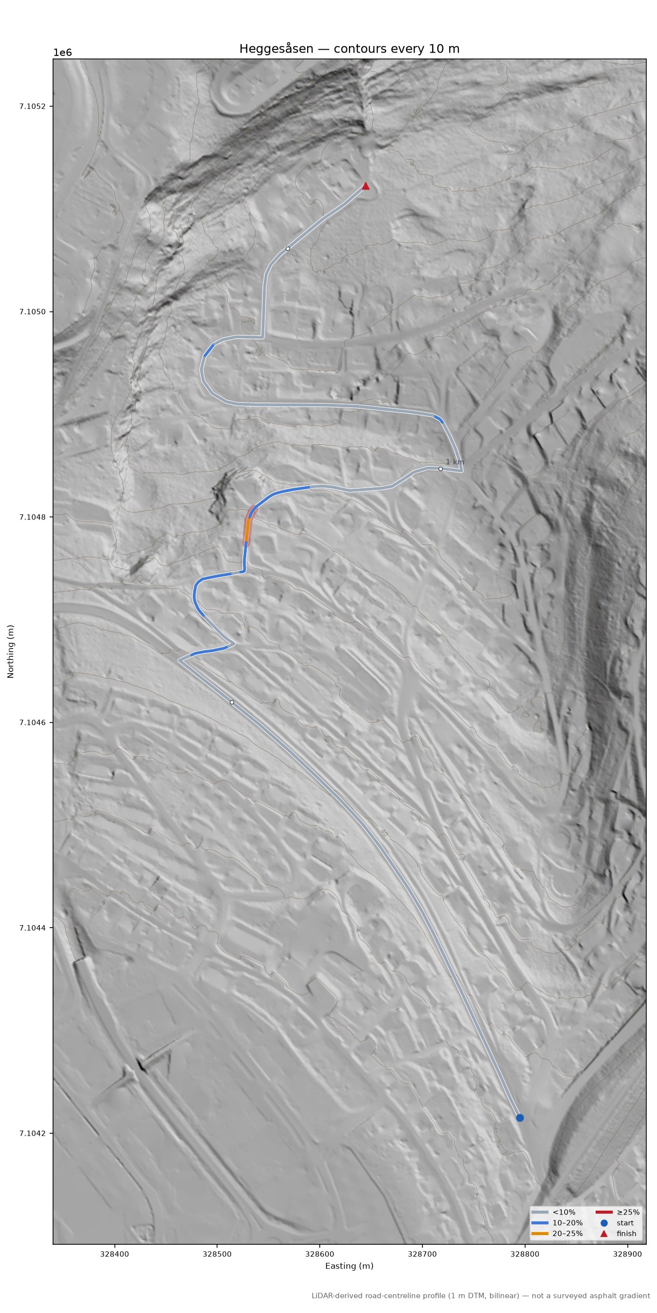 Heggesåsen LiDAR hillshade map with contours