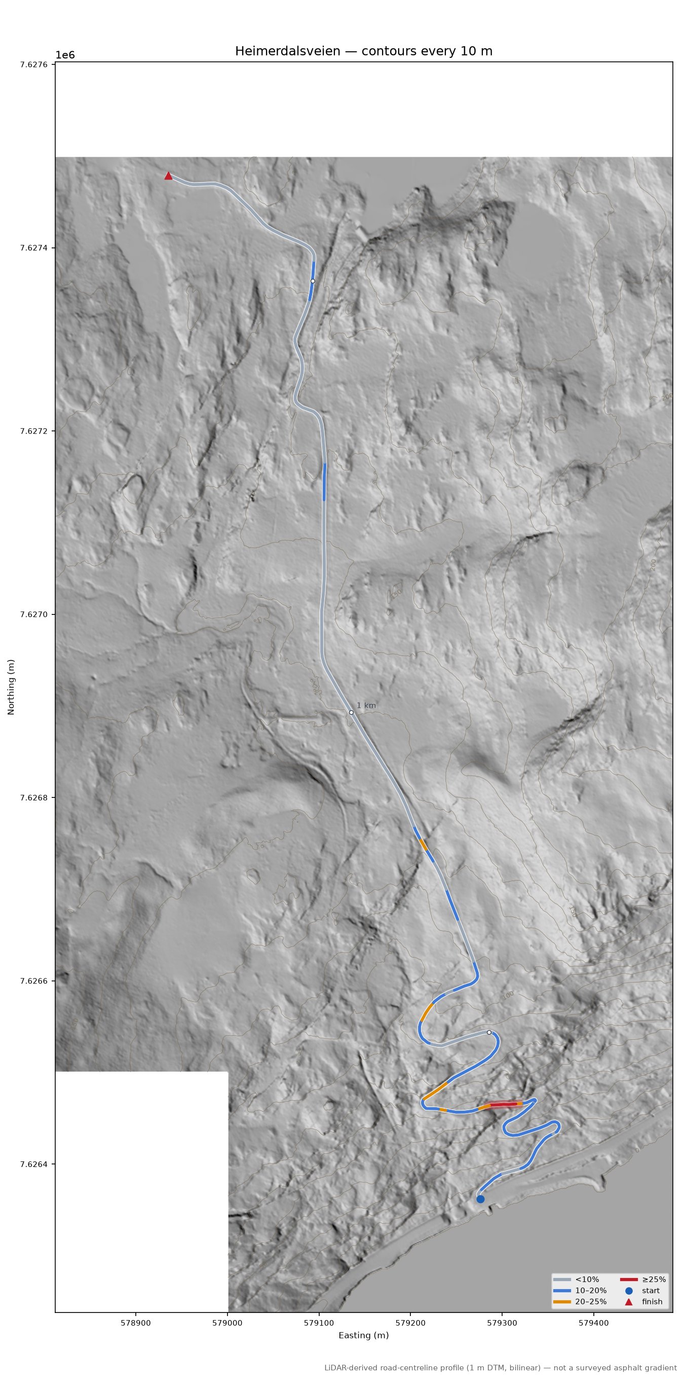 Heimerdalsveien LiDAR hillshade map with contours